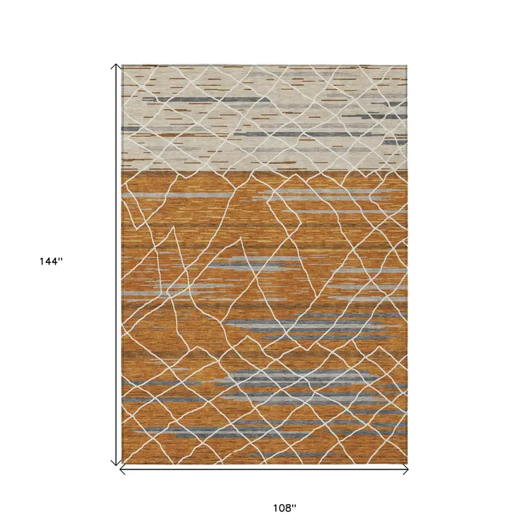 9' X 12' Terra Cotta Beige And Ivory Striped Washable Indoor Outdoor Area Rug