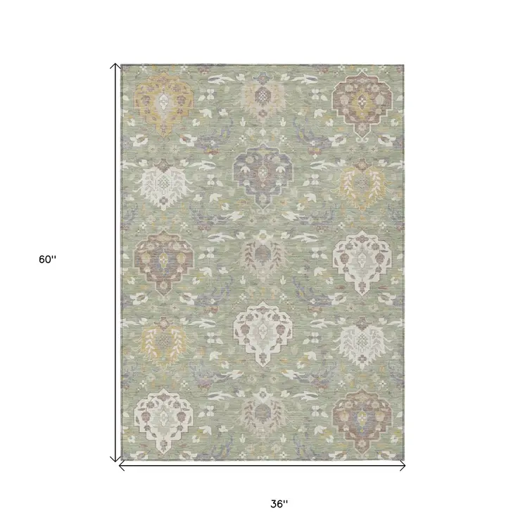 3' X 5' Artichoke Green Brown And Ivory Damask Washable Indoor Outdoor Area Rug