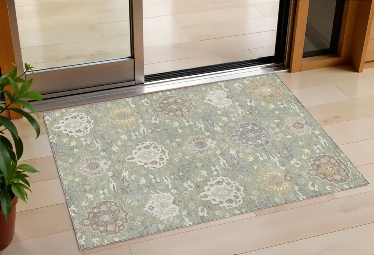 3' X 5' Artichoke Green Brown And Ivory Damask Washable Indoor Outdoor Area Rug