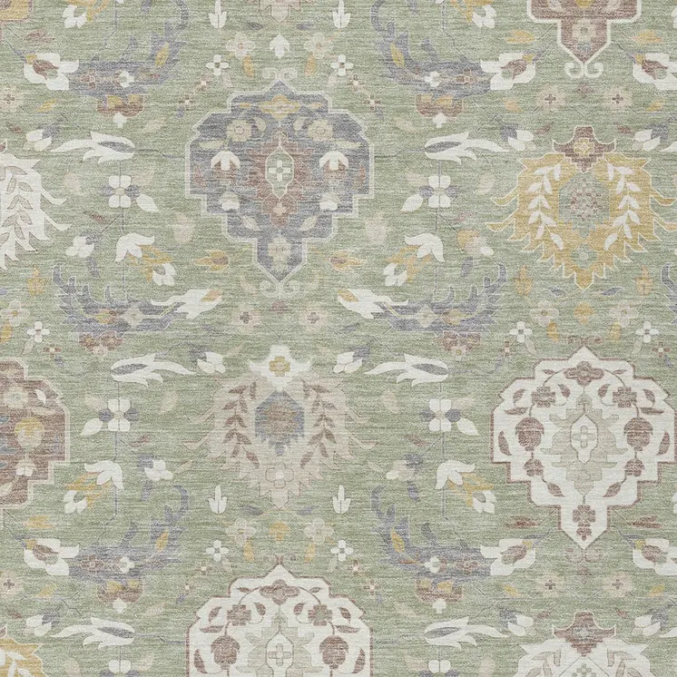 3' X 5' Artichoke Green Brown And Ivory Damask Washable Indoor Outdoor Area Rug