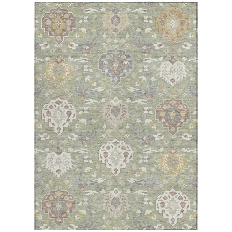 5' X 8' Artichoke Green Brown And Ivory Damask Washable Indoor Outdoor Area Rug