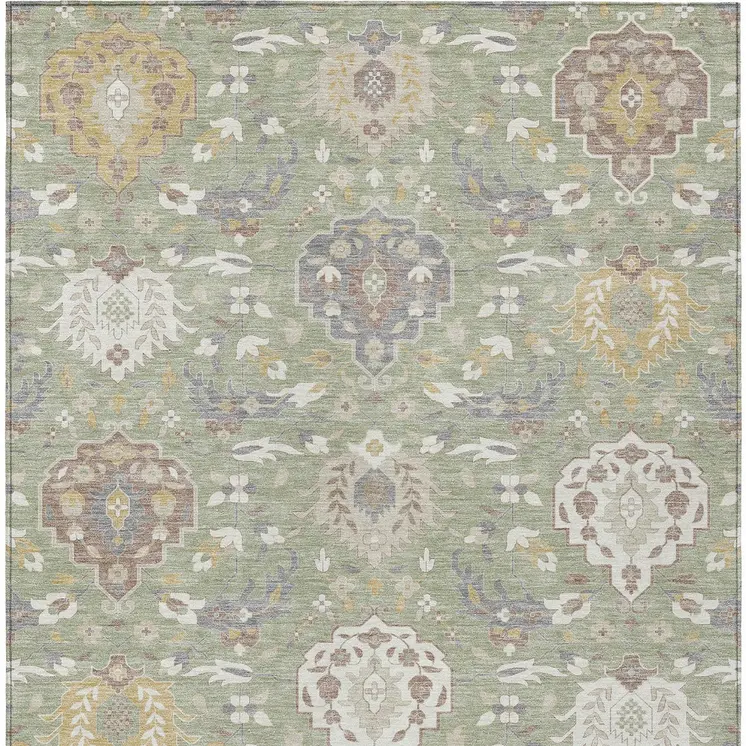 5' X 8' Artichoke Green Brown And Ivory Damask Washable Indoor Outdoor Area Rug