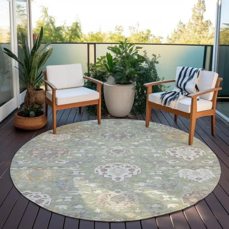 8' Artichoke Green Brown And Ivory Round Damask Washable Indoor Outdoor Area Rug