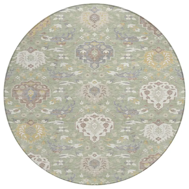 8' Artichoke Green Brown And Ivory Round Damask Washable Indoor Outdoor Area Rug