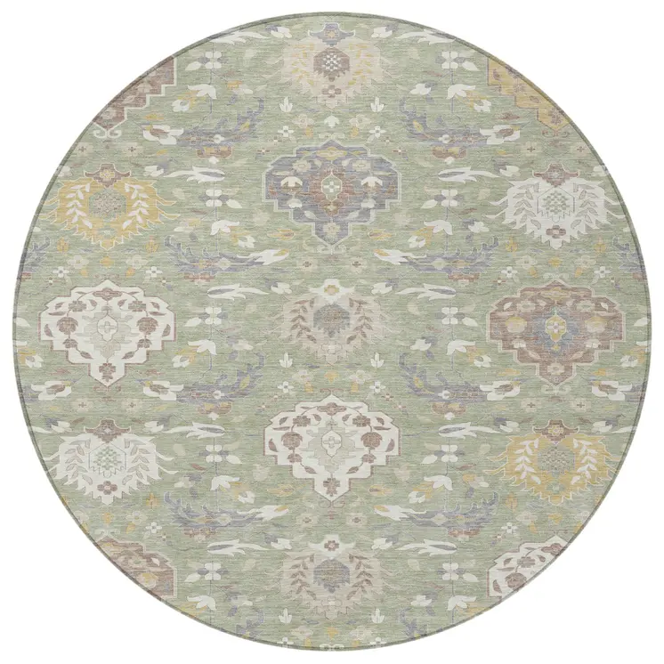 8' Artichoke Green Brown And Ivory Round Damask Washable Indoor Outdoor Area Rug