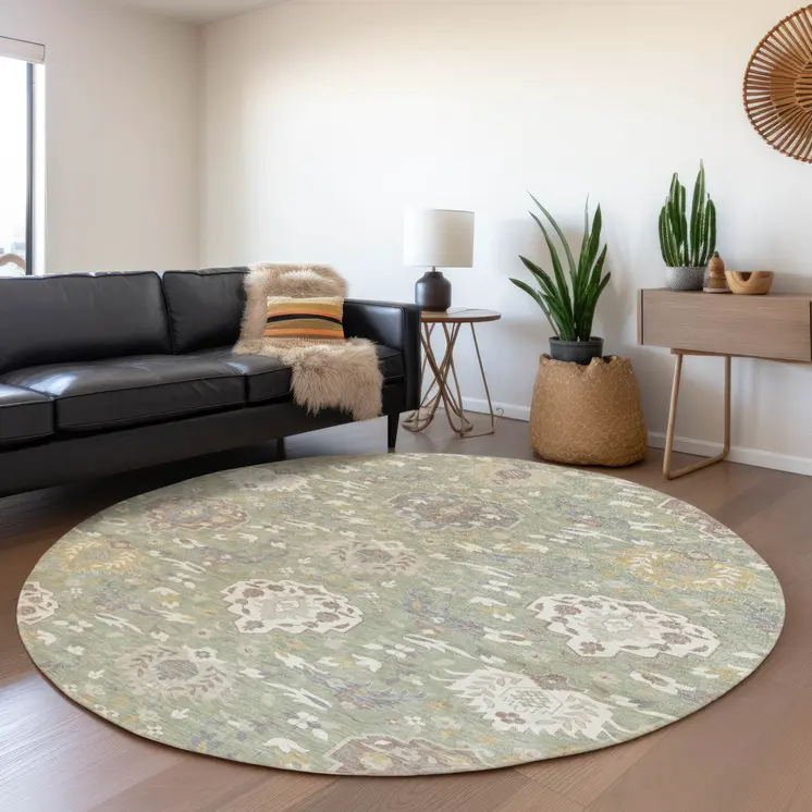 8' Artichoke Green Brown And Ivory Round Damask Washable Indoor Outdoor Area Rug