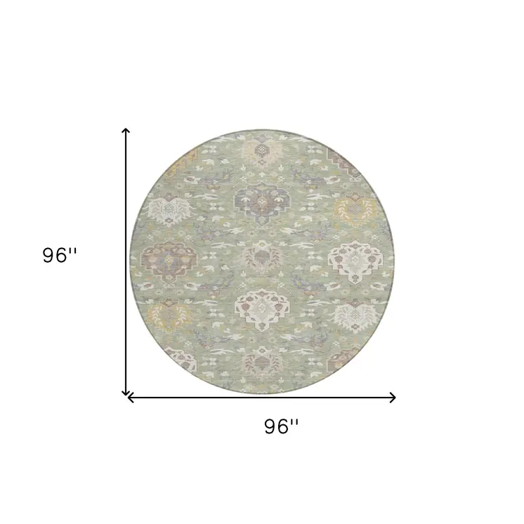8' Artichoke Green Brown And Ivory Round Damask Washable Indoor Outdoor Area Rug