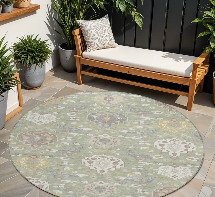 8' Artichoke Green Brown And Ivory Round Damask Washable Indoor Outdoor Area Rug