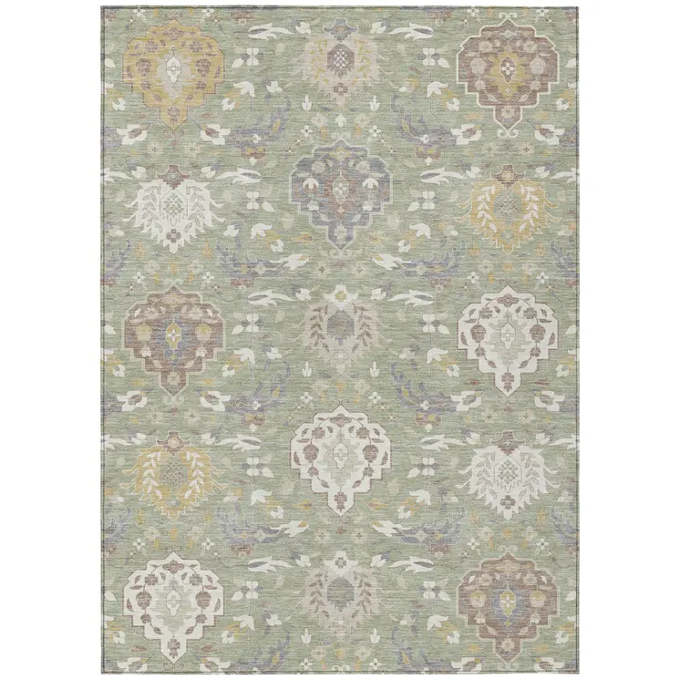 9' X 12' Artichoke Green Brown And Ivory Damask Washable Indoor Outdoor Area Rug