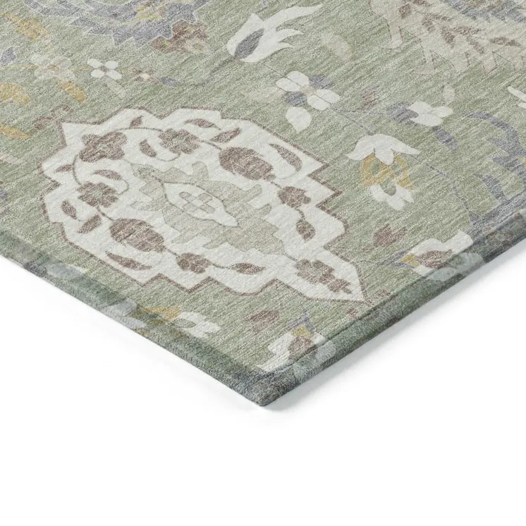 9' X 12' Artichoke Green Brown And Ivory Damask Washable Indoor Outdoor Area Rug