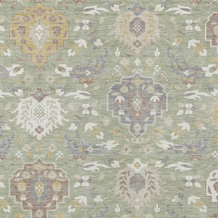 9' X 12' Artichoke Green Brown And Ivory Damask Washable Indoor Outdoor Area Rug