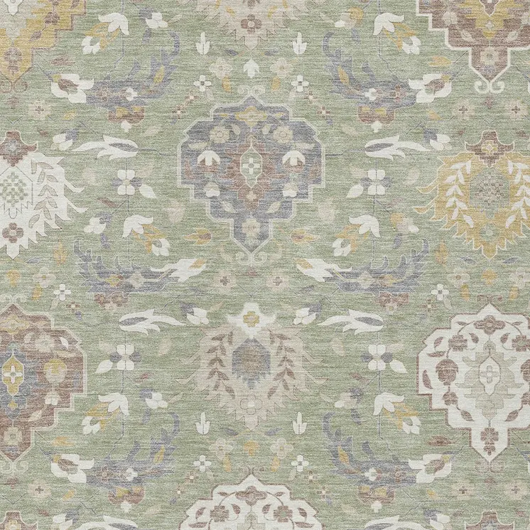 10' X 14' Artichoke Green Brown And Ivory Damask Washable Indoor Outdoor Area Rug
