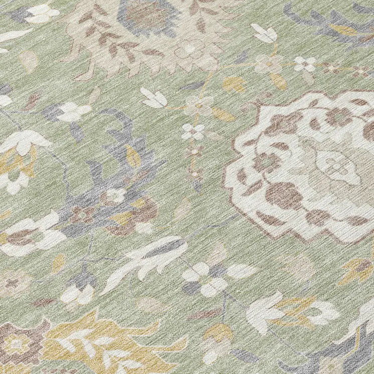 10' X 14' Artichoke Green Brown And Ivory Damask Washable Indoor Outdoor Area Rug