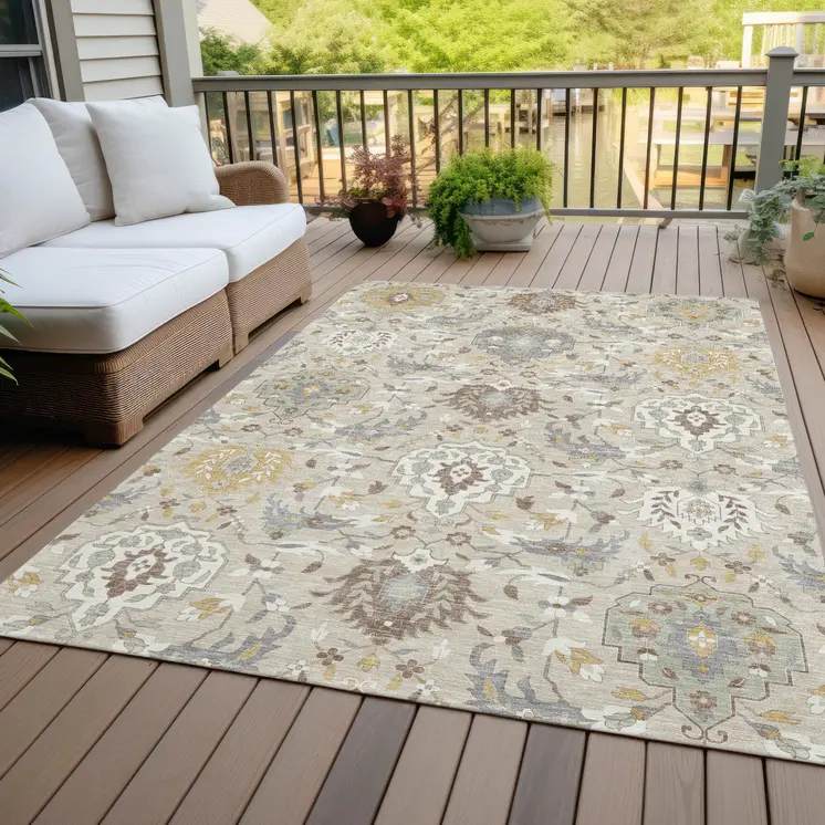5' X 8' Beige Brown And Green Damask Washable Indoor Outdoor Area Rug