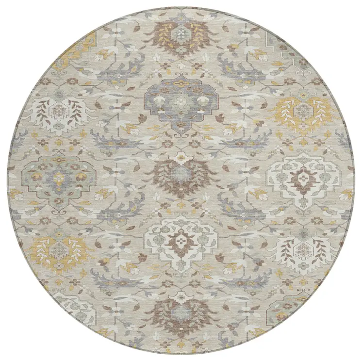 8' Beige Brown And Green Round Damask Washable Indoor Outdoor Area Rug