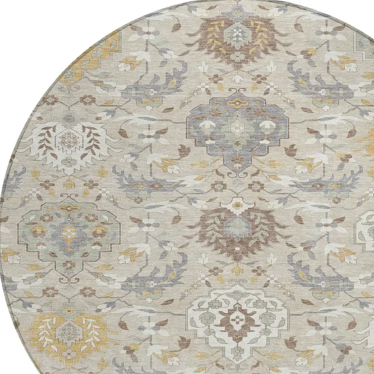 8' Beige Brown And Green Round Damask Washable Indoor Outdoor Area Rug