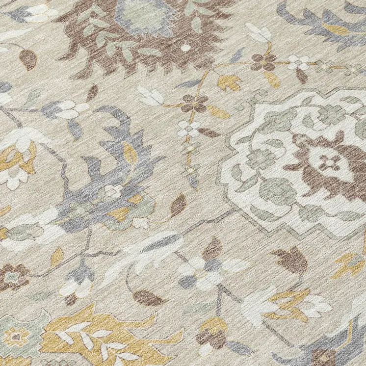 8' Beige Brown And Green Round Damask Washable Indoor Outdoor Area Rug