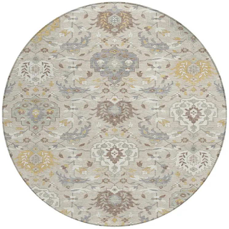 8' Beige Brown And Green Round Damask Washable Indoor Outdoor Area Rug