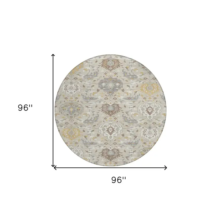 8' Beige Brown And Green Round Damask Washable Indoor Outdoor Area Rug