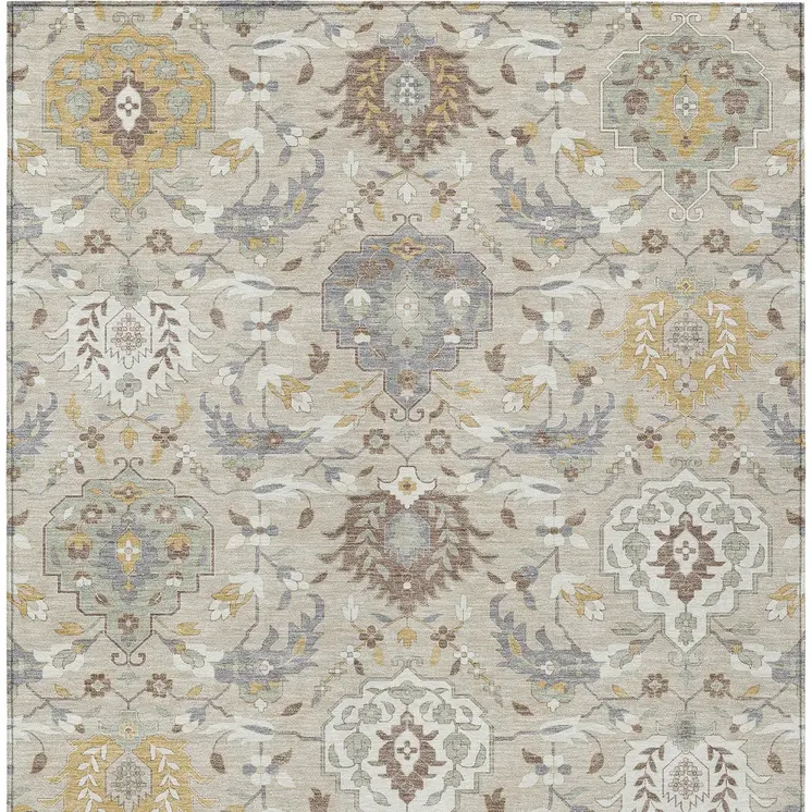 10' X 14' Beige Brown And Green Damask Washable Indoor Outdoor Area Rug