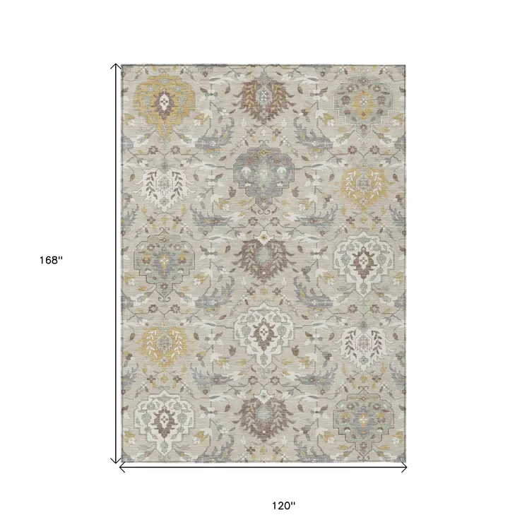 10' X 14' Beige Brown And Green Damask Washable Indoor Outdoor Area Rug