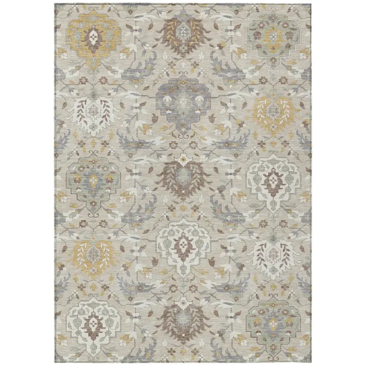 10' X 14' Beige Brown And Green Damask Washable Indoor Outdoor Area Rug