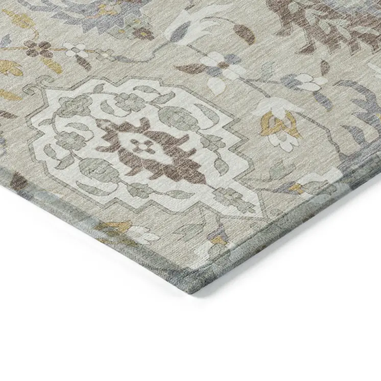 10' X 14' Beige Brown And Green Damask Washable Indoor Outdoor Area Rug