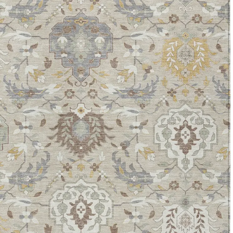 10' X 14' Beige Brown And Green Damask Washable Indoor Outdoor Area Rug