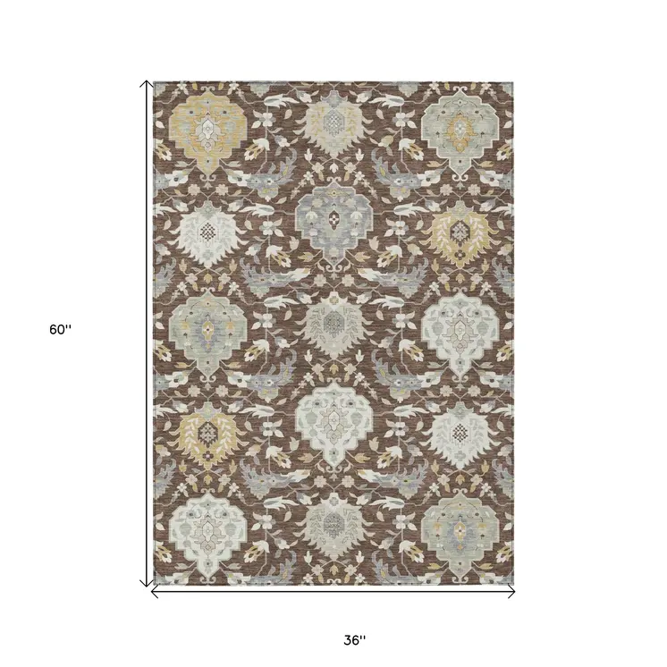 3' X 5' Brown Gray And Ivory Damask Washable Indoor Outdoor Area Rug