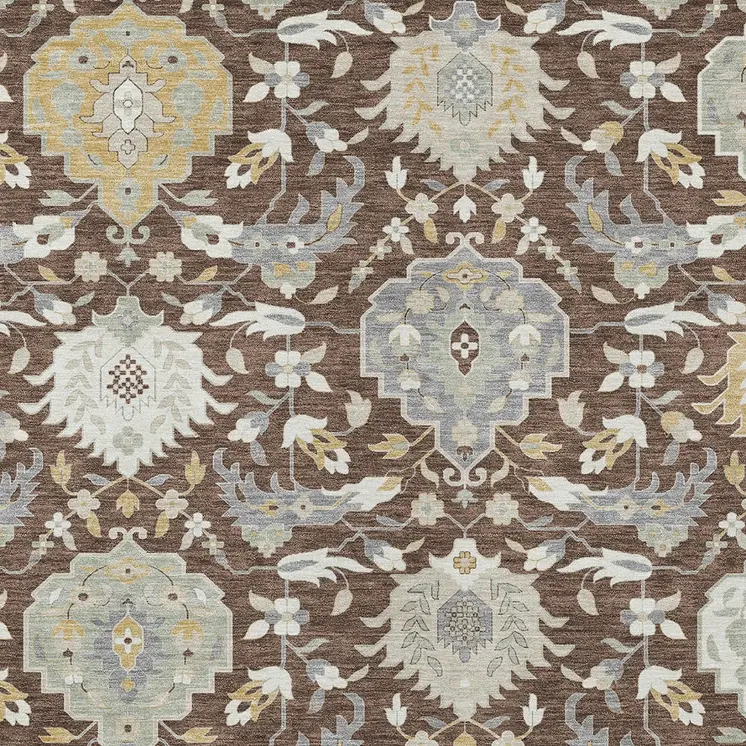 3' X 5' Brown Gray And Ivory Damask Washable Indoor Outdoor Area Rug