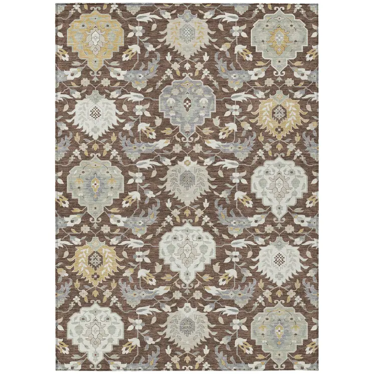 5' X 8' Brown Gray And Ivory Damask Washable Indoor Outdoor Area Rug