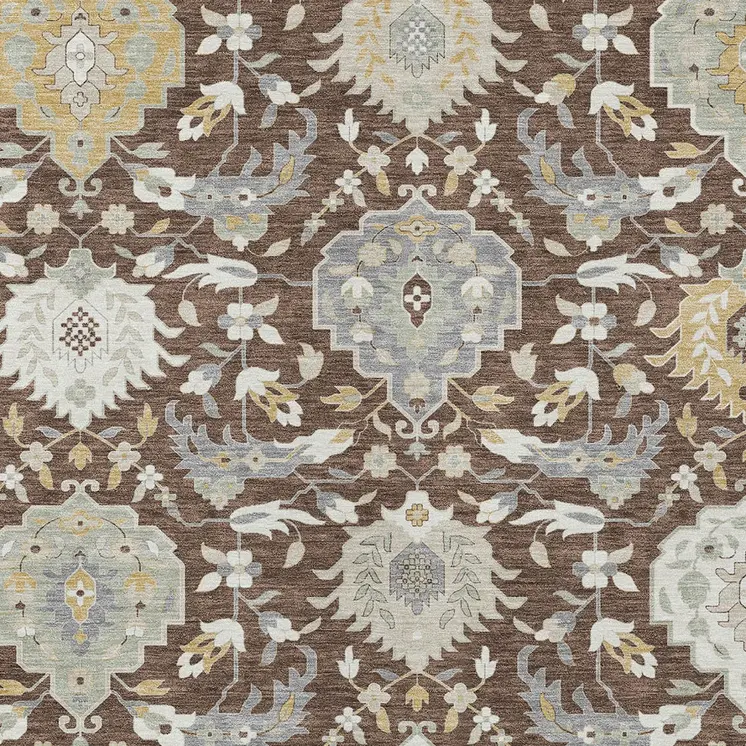 5' X 8' Brown Gray And Ivory Damask Washable Indoor Outdoor Area Rug