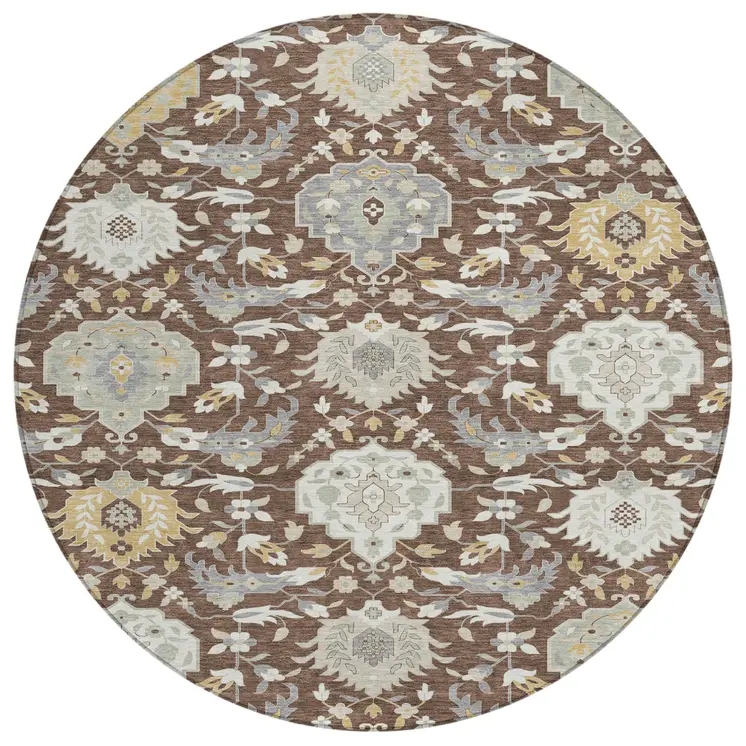 8' Brown Gray And Ivory Round Damask Washable Indoor Outdoor Area Rug