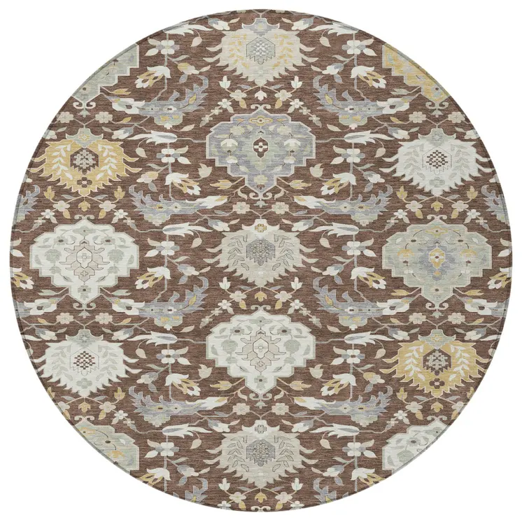 8' Brown Gray And Ivory Round Damask Washable Indoor Outdoor Area Rug