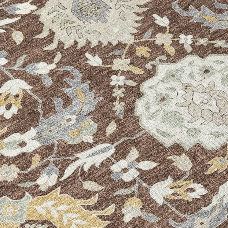 8' Brown Gray And Ivory Round Damask Washable Indoor Outdoor Area Rug