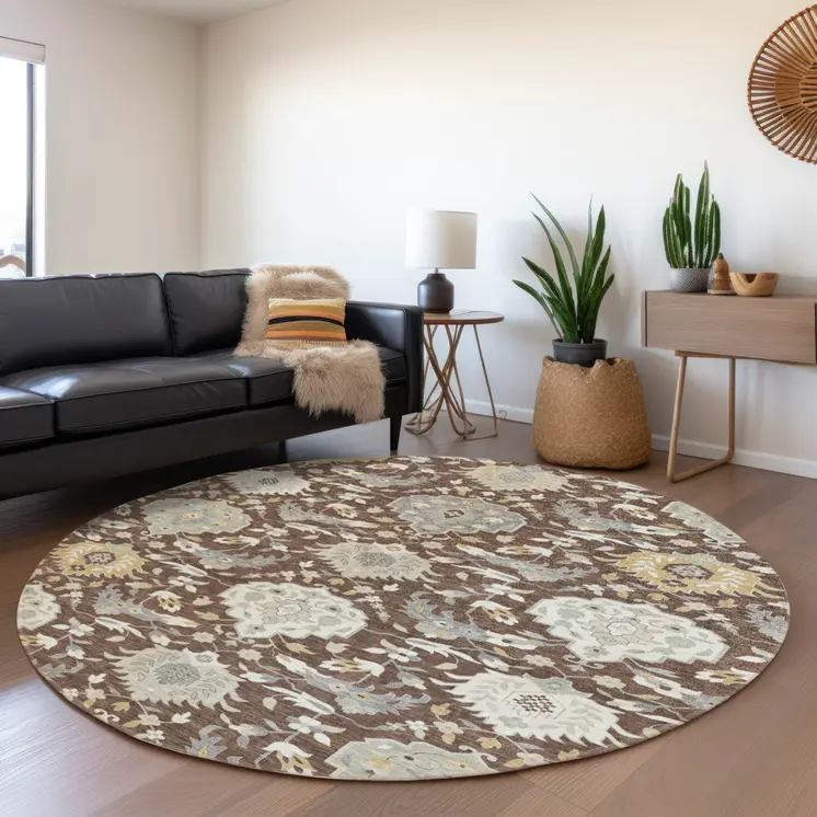 8' Brown Gray And Ivory Round Damask Washable Indoor Outdoor Area Rug