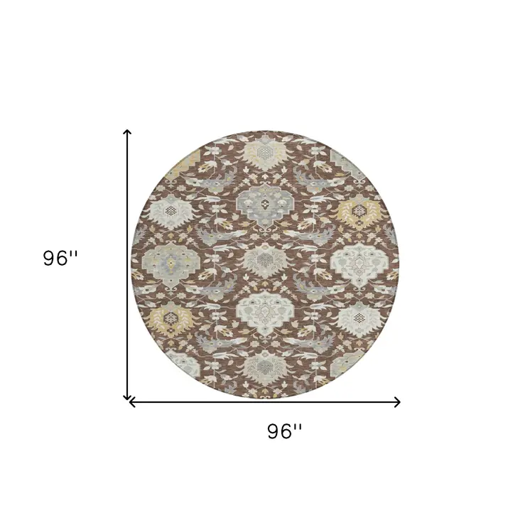 8' Brown Gray And Ivory Round Damask Washable Indoor Outdoor Area Rug