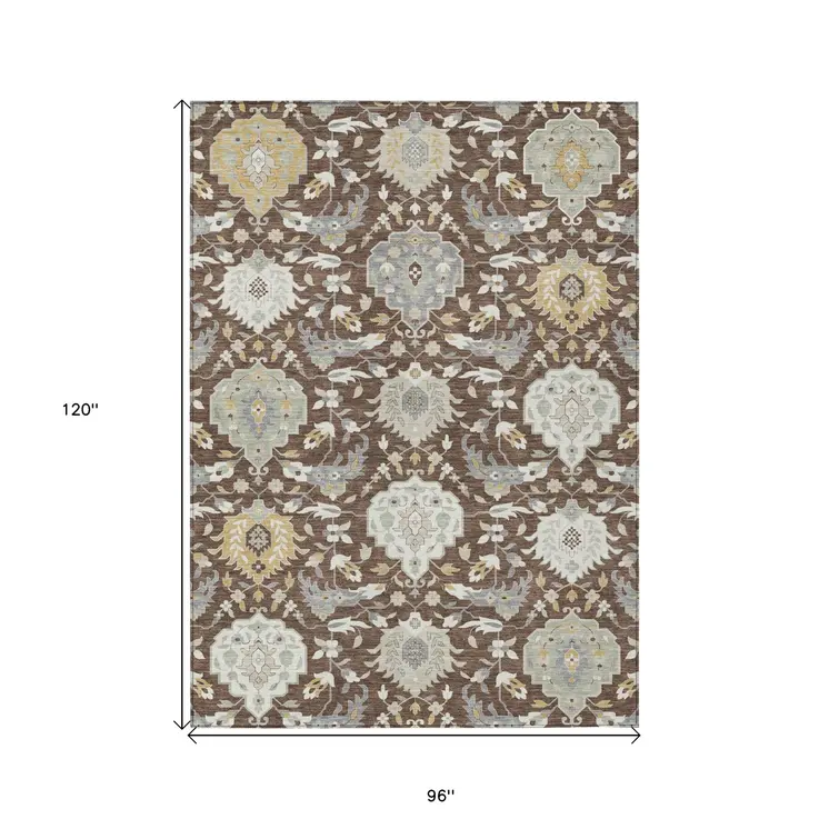 8' X 10' Brown Gray And Ivory Damask Washable Indoor Outdoor Area Rug