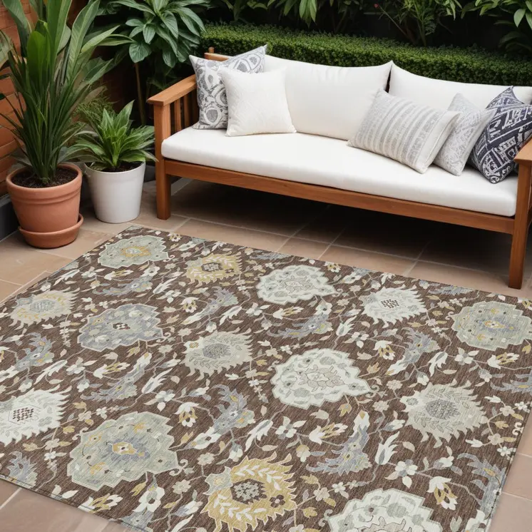 8' X 10' Brown Gray And Ivory Damask Washable Indoor Outdoor Area Rug