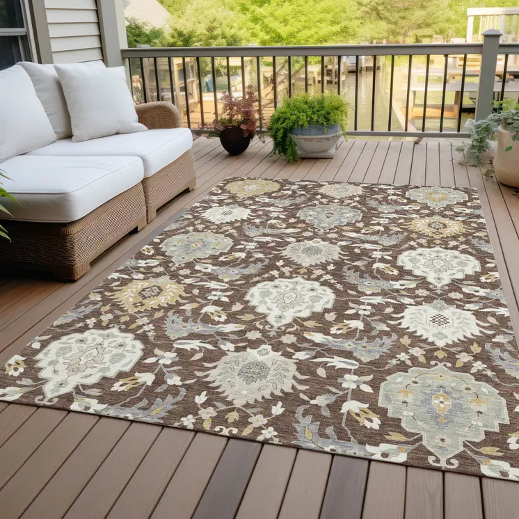8' X 10' Brown Gray And Ivory Damask Washable Indoor Outdoor Area Rug