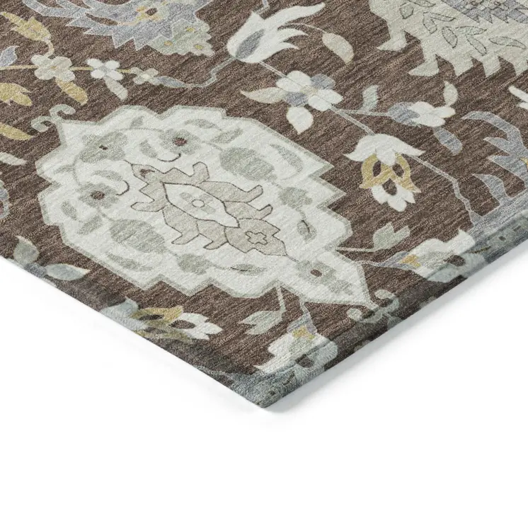 8' X 10' Brown Gray And Ivory Damask Washable Indoor Outdoor Area Rug