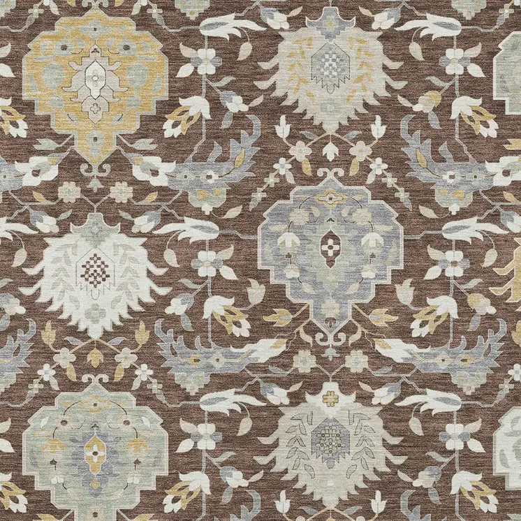 8' X 10' Brown Gray And Ivory Damask Washable Indoor Outdoor Area Rug