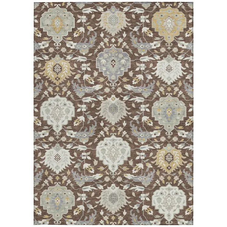 9' X 12' Brown Gray And Ivory Damask Washable Indoor Outdoor Area Rug