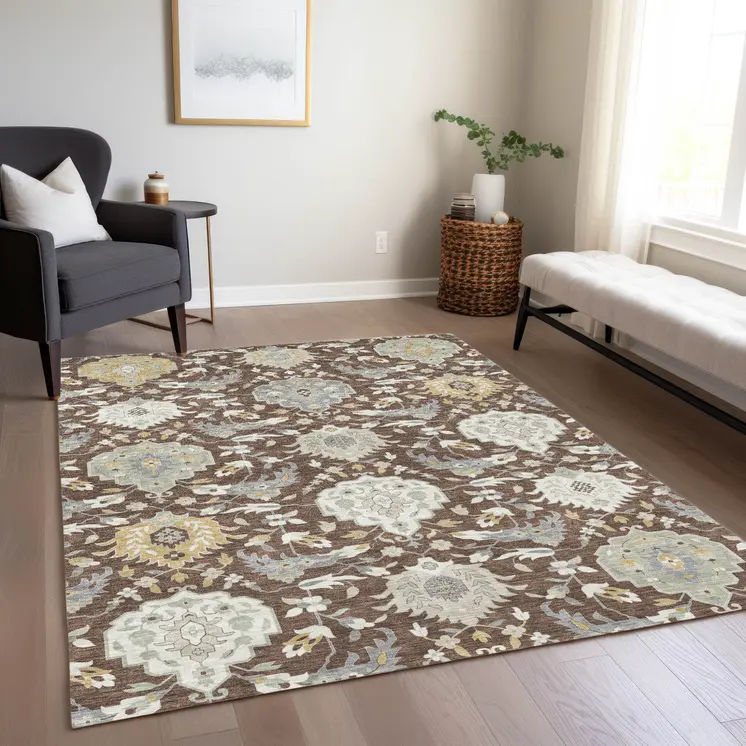 9' X 12' Brown Gray And Ivory Damask Washable Indoor Outdoor Area Rug