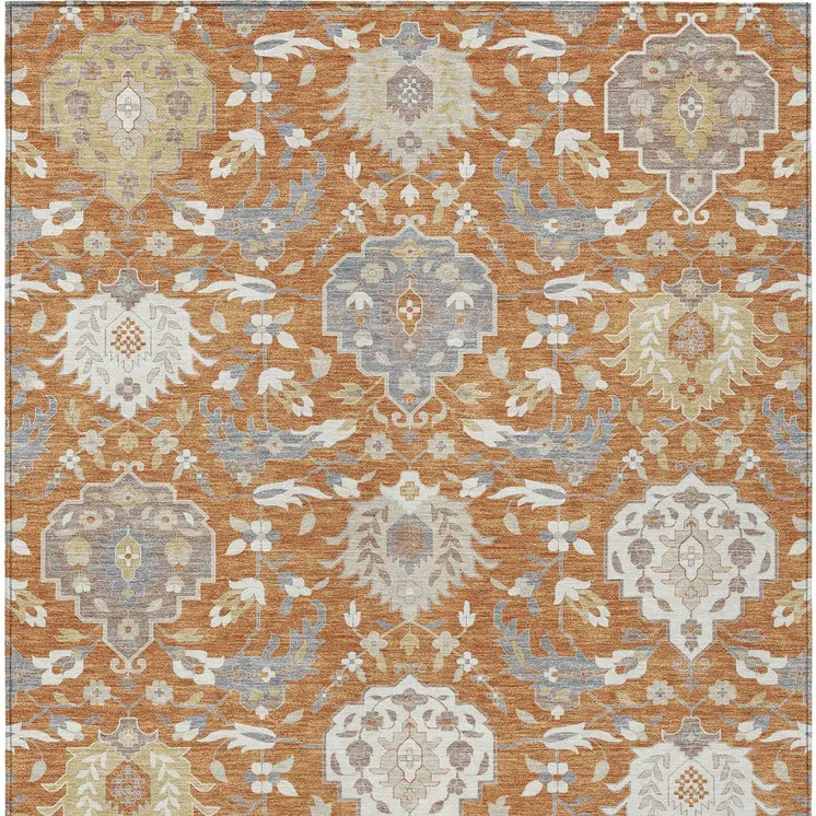 3' X 5' Copper Ivory And Gray Damask Washable Indoor Outdoor Area Rug