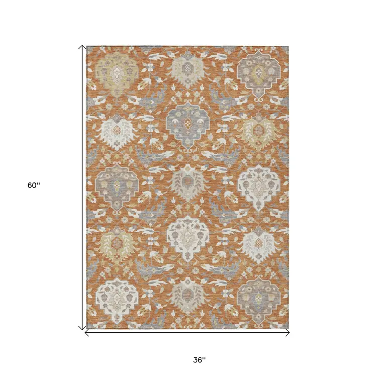 3' X 5' Copper Ivory And Gray Damask Washable Indoor Outdoor Area Rug