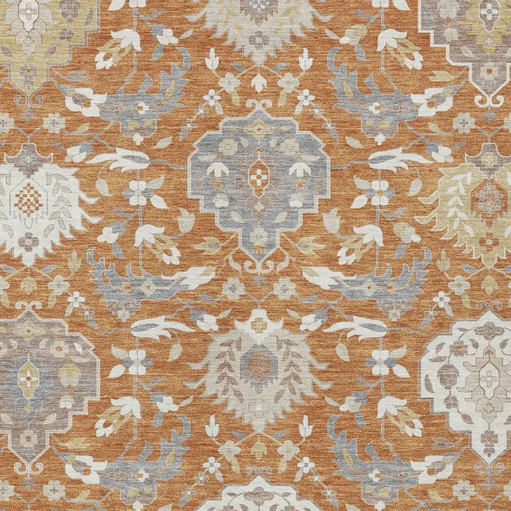 3' X 5' Copper Ivory And Gray Damask Washable Indoor Outdoor Area Rug
