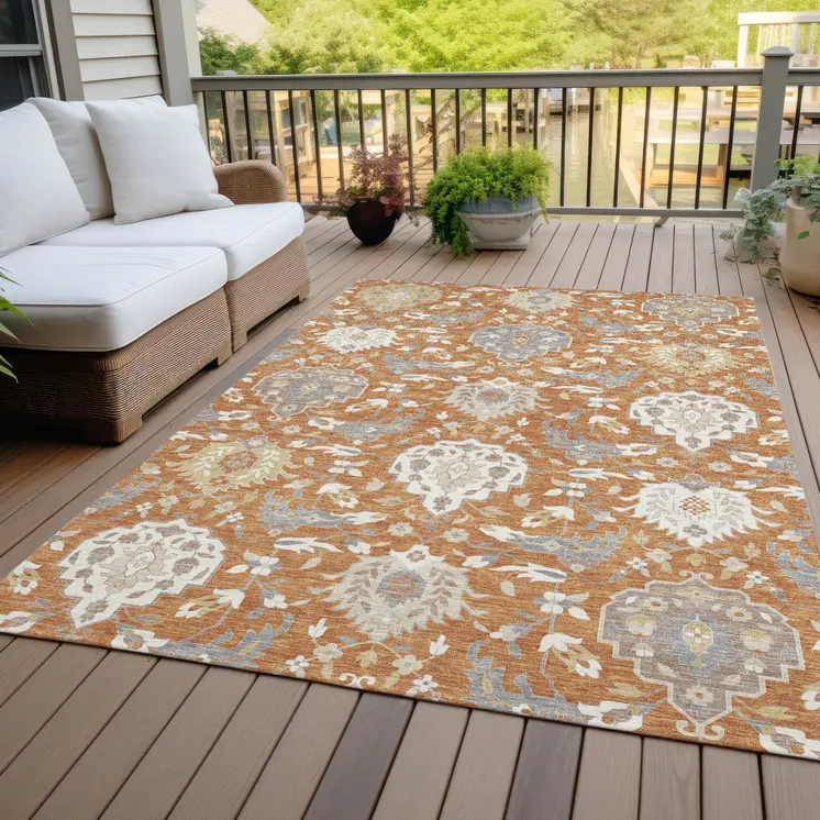5' X 8' Copper Ivory And Gray Damask Washable Indoor Outdoor Area Rug