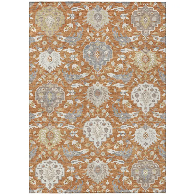 5' X 8' Copper Ivory And Gray Damask Washable Indoor Outdoor Area Rug