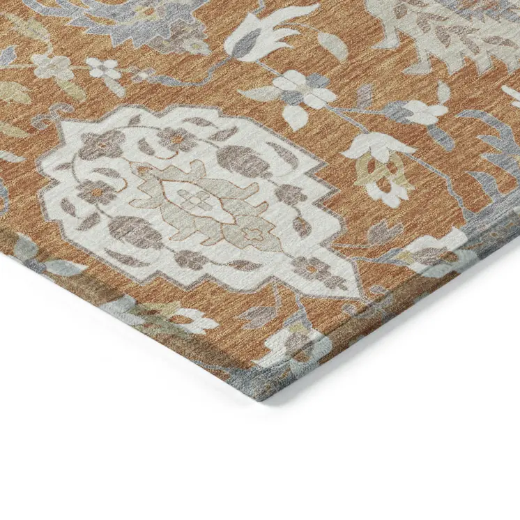 5' X 8' Copper Ivory And Gray Damask Washable Indoor Outdoor Area Rug
